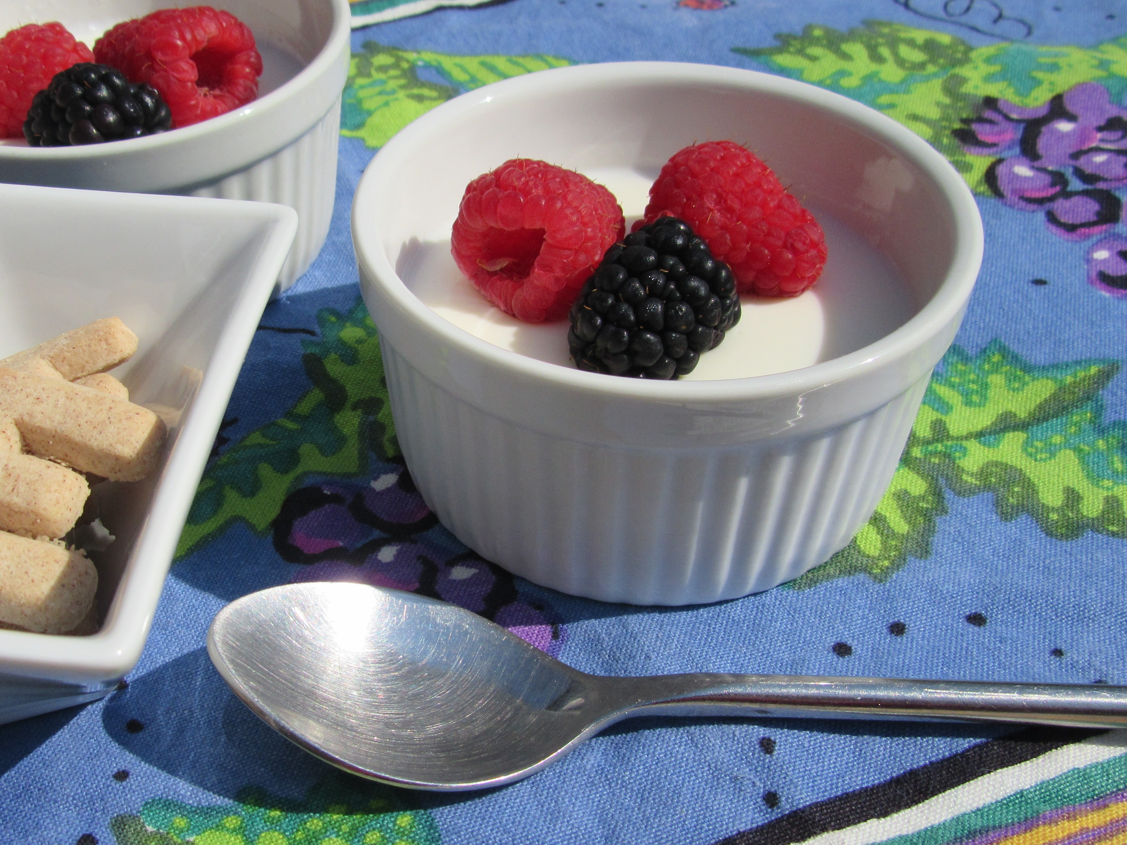 Ramakin filled with Panna Cotta topped with raspberries and a blackberry next to plate of biscotti. 